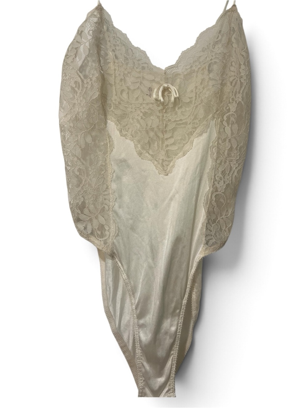 Lace-Trim Satin Chemise Bodysuit in Cream with Bow Detail